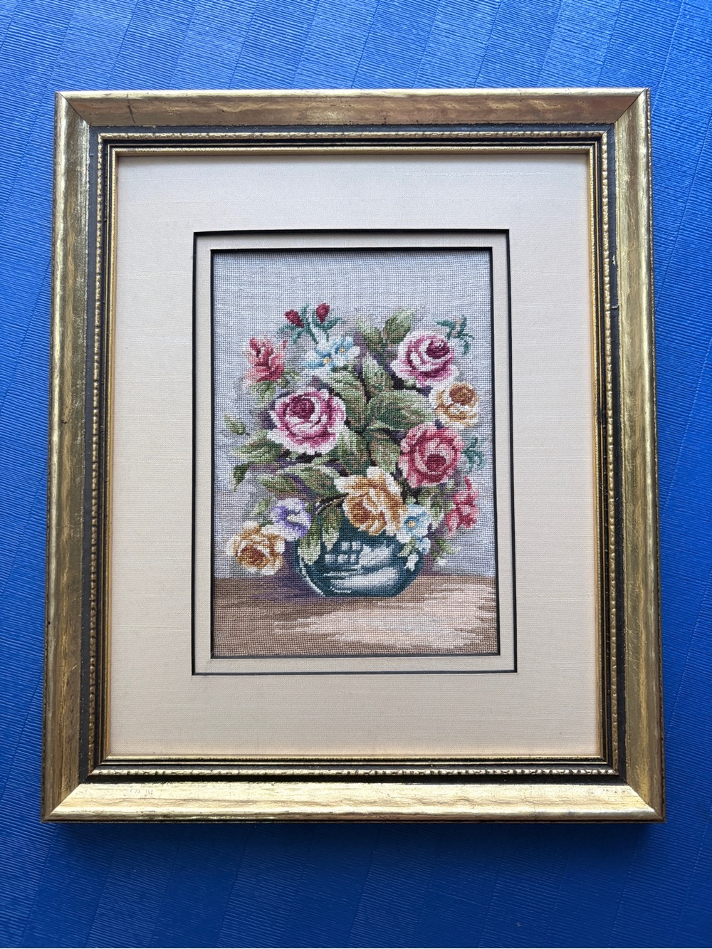 Vintage Wiehler Gobelin Needlepoint Framed Art Bouquet of Flowers